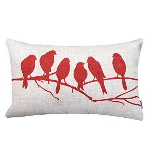 Lazamyasa Fresh Animal Style Beautiful Rustic Birds Cotton Linen Blend Printed Cushion Cover Cotton Couch Throw Pillow Case Sham Pillowcase 12X20In,Red #TOP27