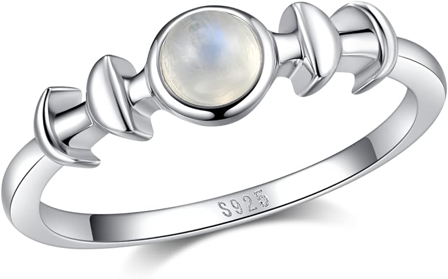 Genuine Moonstone Ring Sterling Silver Moon Phase Ring Triple Goddess Moonstone Statement Band Finger Minimalist Ring for Women with Gift Box