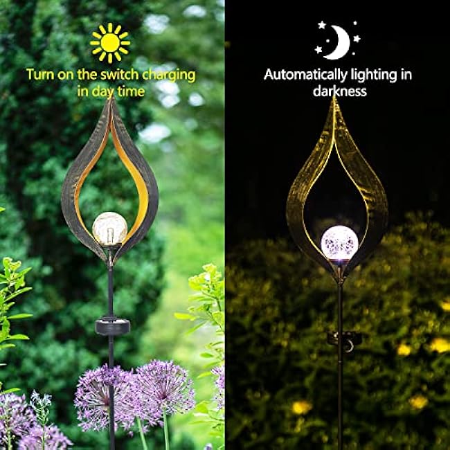 Adeco Solar Lights Outdoor Garden 42 inch Metal Crackle Glass Globe Stake Lights with Large Solar Panel Waterproof LED Lights for Ground Patio Lawn Pathway Courtyard