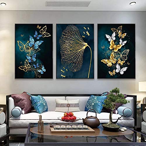 woplmh Image sur Toile Affiche Moderne Bleu Or Papillon Mur Toile Peinture Murale décoration pour Salon décor à la Maison 60x90cmx3 sans Cadre Cover