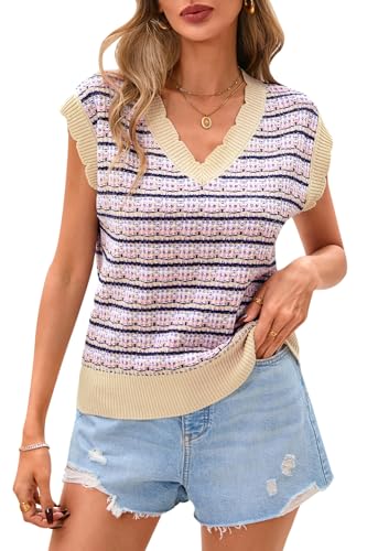 CFLONGE Vests for Women 2025 Trendy Sleeveless Striped Sweater Vest Crochet Knit Cropped Work Tank Top Outfits Y2K Clothes