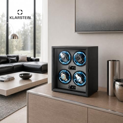 Image of Klarstein Brienz 6 Watch Winders - Quiet Watch Winder for 6 Watches, in Wood Look with 4 Rotation Modes & LED Lighting, Memory Foam Cushion, USB Operated