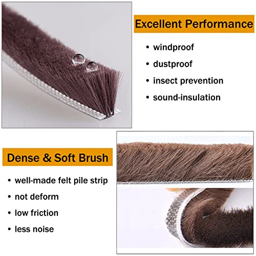 Ta-Vigor Weather Stripping 0.6" Width X 0.35" Thickness (197" Length), Felt Pile Brush Weather Stripping With Adhesive Backing For Window Door Seal Strip (5000Mm X 15Mm) Brown #TOP2