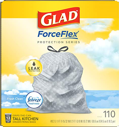 Glad ForceFlex Tall Kitchen Drawstring Trash Bags – 13 Gallon Trash Bag, Fresh Clean scent with Febreze Freshness – 110 Count (Package May Vary)
