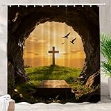 Batmerry Stone Sunrise Christian Decorative Shower Curtain, Devotional is Risen Christian Easter Shower Curtain Cute Long Wide Shower Curtain for Bathroom Farmhouse Bathtub Waterproof Washable