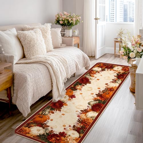 Alfombra de pasillo de calabazas y hojas otoñales para cocina, puerta y suelo de interior 2