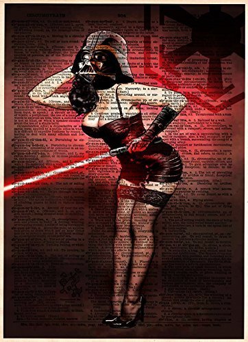 Star Wars pinup girl artwork, Darth Vader with light saber, printed on vintage dictionary page