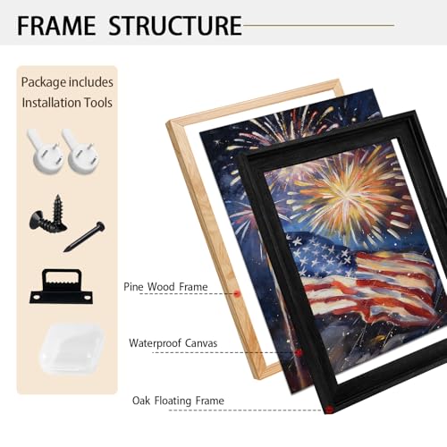 Image of American Flag Framed Canvas Wall Art, 4th of July Red White Blue Canvas Prints, USA Flag with Fireworks Patriotic Decorations, Modern Independence Day Wall Decor for Bedroom Living Room 6x8