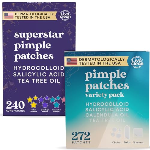 Livaclean 240 CT Star Pimple Patches for Face + 272 CT Variety Pack Large Acne Patches for Face and Body w/Tea Tree Oil, Salicylic Acid | Hydrocolloid Acne Patch | Cute Star Pimple Patch