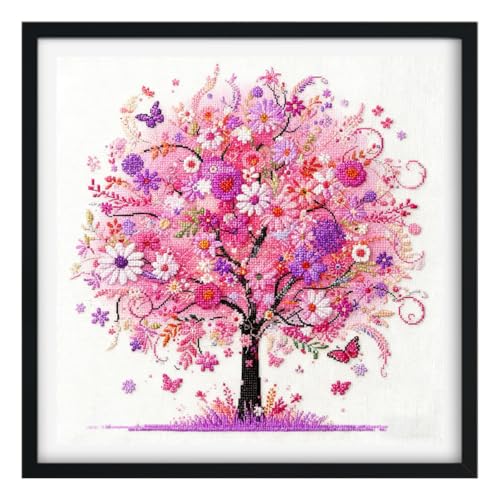 Image of Zhenqing Pink Blossom Tree Stamped Cross Stitch Kit for Beginners, 11CT Printed 11.8 x 11.8 Inch Romantic Flower Tree Pattern with Threads, 2 Needles and English Instructions, DIY Wall Decor Gift