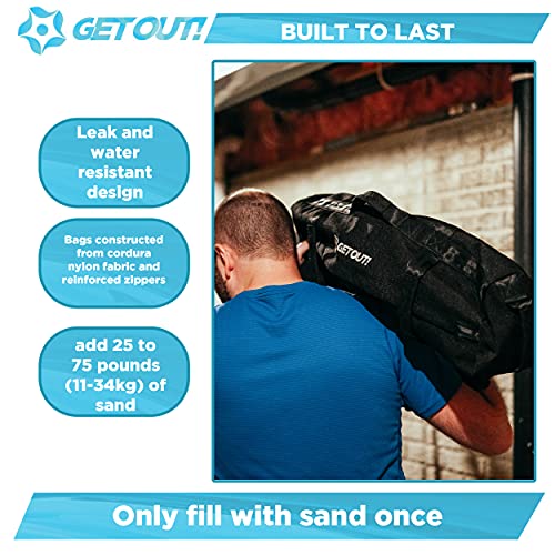 Get Out! Sandbag Workout Bag 25 to 75lbs Black Exercise Sand Bags with Handles for Weight