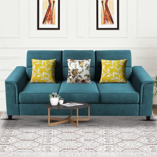 Image of Casaliving Nancy 3 Seater Sofa Set for Living Room | Colour - Turquise | Premium Fabric Sofa