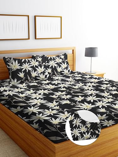 Image of DECORUM Glace Cotton Fitted 1 Bedsheet King Size (72 inchx78 inch) | All Around Elastic | Cotton Feel | 2 Pillow Covers (17 inchx27 inch) | Fits Up to 8 inch Mattress | 200-220 TC | Printed Double Bed Sheet Set