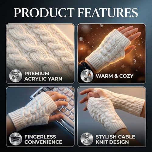 Image of Kraptick Women's Cable Knit Fingerless Gloves - Winter Soft Woolen Arm Warmers with Thumb Hole - Thermal Half Finger Mittens for Typing, Driving & Texting (Free Size, Khaki)
