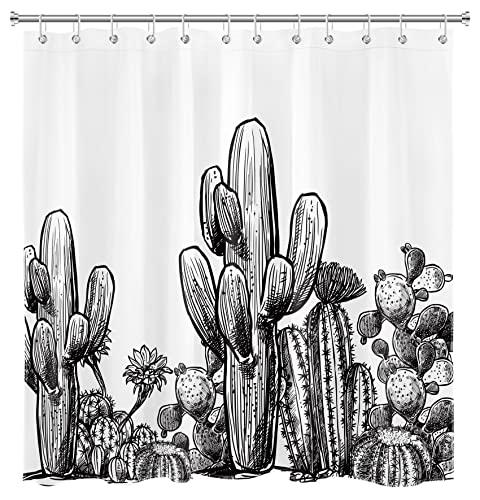 Lb Tropical Cactus Plant Shower Curtain Black And White Bath Curtain Desert Prickly Succulent Saguaro Vintage Bathroom Curtains Set With Hooks, 70X 70Inch Waterproof Fabric #TOP3