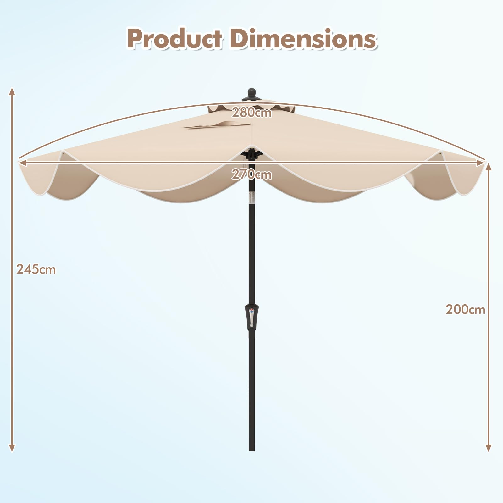 KOMFOTTEU Ombrellone da Giardino 270 cm, Inclinabile a 25°, Parasole da Spiaggia Protezione UV e Anti UV, con Manovella e 8 Stecche, Ideale per Terrazza, Balcone, Piscina