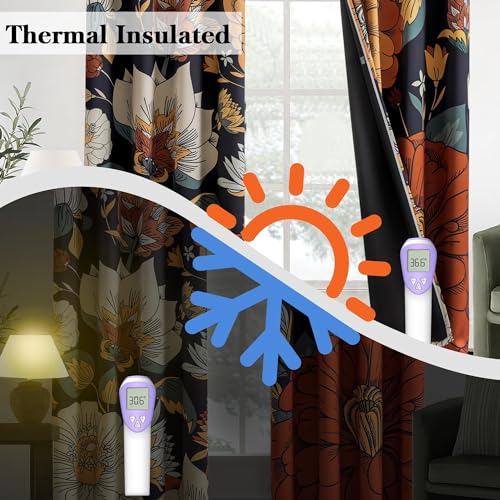 Image of Tyrot Black Boho Floral Grommet Blackout Curtains, 52W x 108L, 2 Panels
