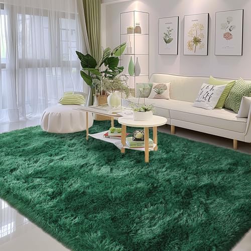 Fluffy Rug Non Slip 6x9 Feet, Black Green Large Rugs for Living Room Floor Moss Emerald Shaggy Carpet for Bedroom