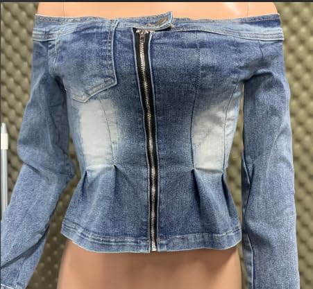 Mandonce Denim Tops for Women One Shoulder Long Sleeve Zipper Frayed Slim Fit Denim Jacket Sexy Casual Off Shoulder Tops4