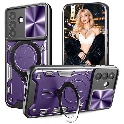 Fofvccv for Samsung Galaxy S26+ Plus Rugged Case with Slide Camera Lens Cover, Military Grade Shockproof Case with Magnetic Ring Kickstand Anti-Slip Full Body Cover for Galaxy S26 Plus - JS Purple