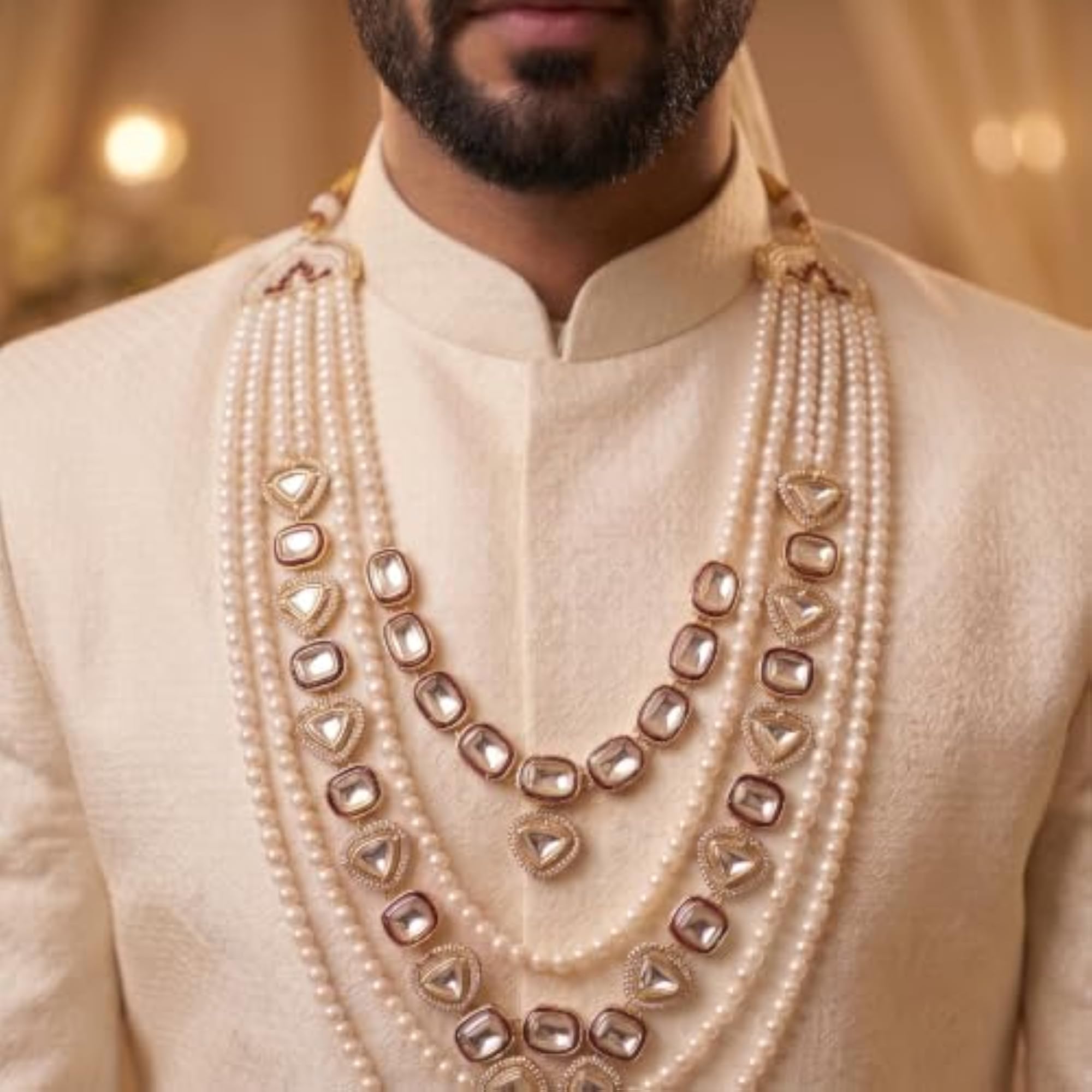 Men's Maroon Kundan & Pearl Dulha Mala for Groom Sherwani