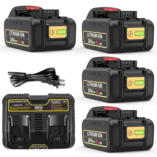 4 Packs 20V 6.0Ah Battery with DCB102 2-Port Fast Charger Combo Compatible for DeWalt 20V Max Battery DCB206 DCB205 DCB207 DCB208 Compatible with DeWalt 20 Volt DCD/DCF/DCG/DCS Cordless Power Tools
