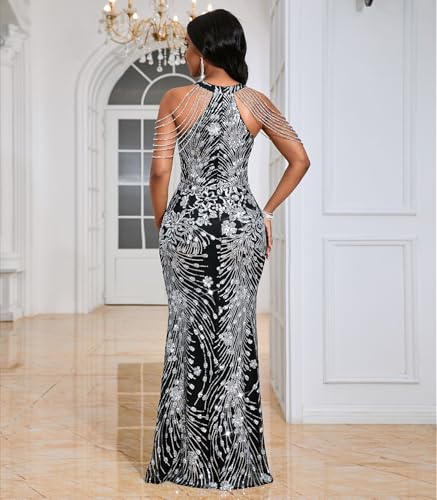 Image of Cololura Women Sexy Elegant Sequin Tassel Off Shoulder Halter Bodycon Maxi Dress Party Evening Gown Formal Dress