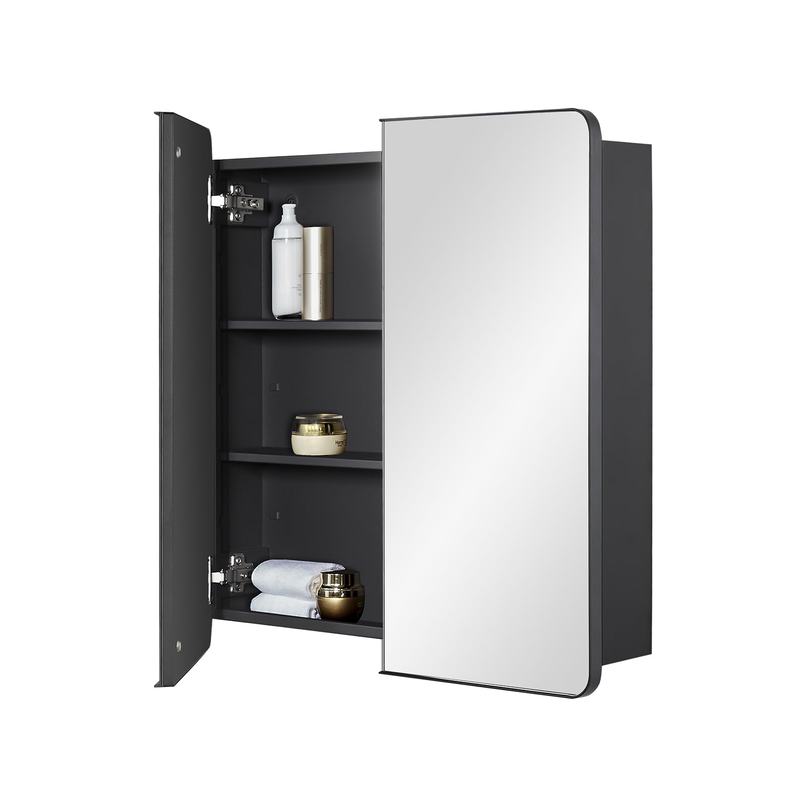 Fundin Armario con espejo de baño con espacio de almacenamiento, puertas dobles, marco de metal con esquinas redondas, estantes ajustables, color negro mate, montaje en superficie, 60 x 65 cm