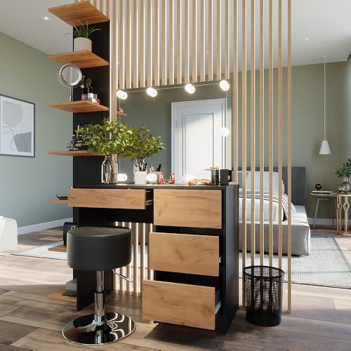 Vicco Schminktisch Sherry, Anthrazit/Goldkraft Eiche, 90 x 75 cm mit Spiegel, LED-Beleuchtung & Hocker, mit LED-Beleuchtung und gepolsterter Sitzbank