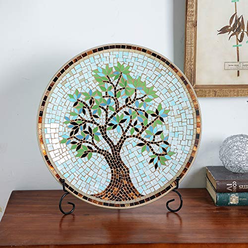 15" Round Mosaic Glass Decorative Charger Plate with Stand Tree Pattern - Thumbnail 4