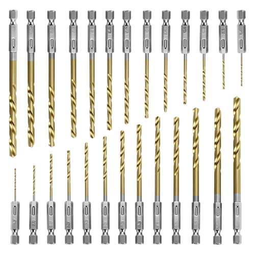 QWORK® Jeu de 26 Forets acier avec Queue Hexagonale 1.5-6.5 mm – avec Revêtement Titane pour Métal Tendre, Bois & Plastique – Kit de Perçage pour...