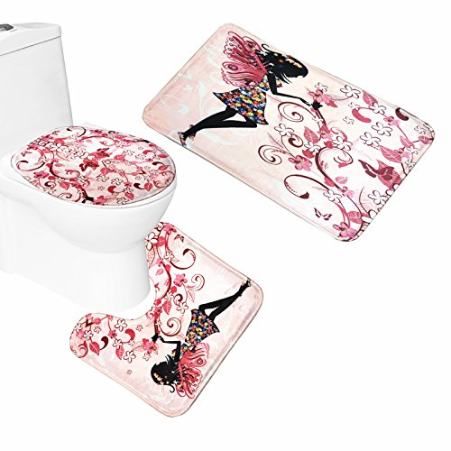Amagical 16 Piece Girls Shower Curtain Set Bathroom Mat Set Fairy Decor Bath Mat Contour Mat Toilet Cover Pink Butterflies And Flowers Beautiful Glamour Girl With Colorful Floral Dress Angel Wings #TOP6