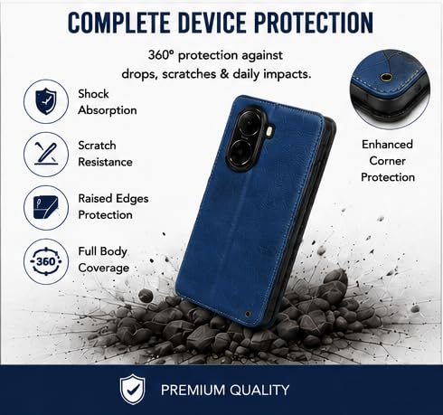 Image of HushLush Premium Flip Cover Compatible for Redmi A7 Pro | Shockproof Wallet Style Protective Case with Card Slots, Magnetic Closure, Stand Function & Full Body Protection (Dual Tone Metallic) (Blue)