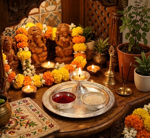 Image of KridayKraft Silver Plated Pooja Thali Set with Swastik Design - Includes Diya and 2 Bowls for Puja, Diwali, and Gifting (19 cm Plate, 110g)
