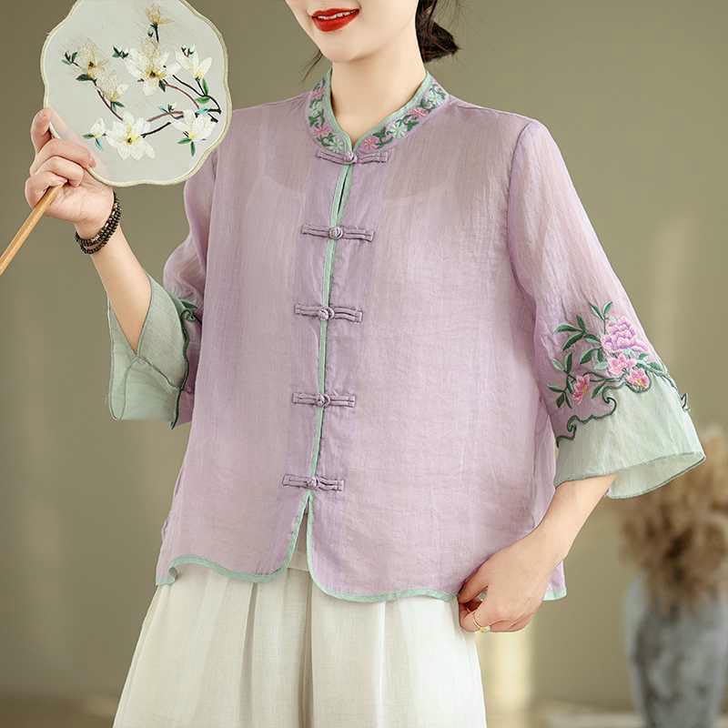 Women's Summer 3/4 Sleeve Heavy Embroidered Frog Button Literary Tea Outfit Blouse Top