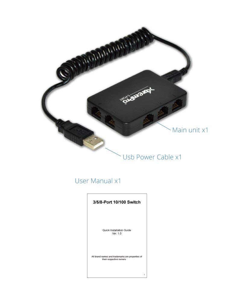 Conmutador de red Ethernet RJ45 de 5 puertos alimentado por USB de 10/100 Mbps, color negro (61025)