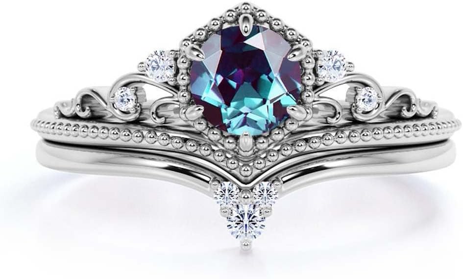 1 CT Gemstone Wedding Ring Set - Vintage Round Gem with Moissanite Bridal Sets Wedding Rings White Yellow Rose 10K 14K 18K Gold 925 Sterling Silver Round Cut Womens Wedding Ring Sets