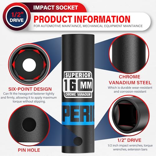 Image of 1 /2 inch Drive Impact Socket, 16 mm Deep Socket, Metric, 6 Point, CR-V, for Automotive Maintaince, Mechanical Equipment Maintaince