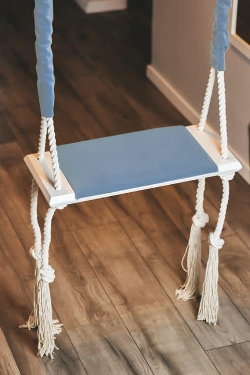 Asiento de columpio para niños, para colgar en interiores, silla tapizada de madera, tapizado con ondas, para niños pequeños, para sala de juegos, azul