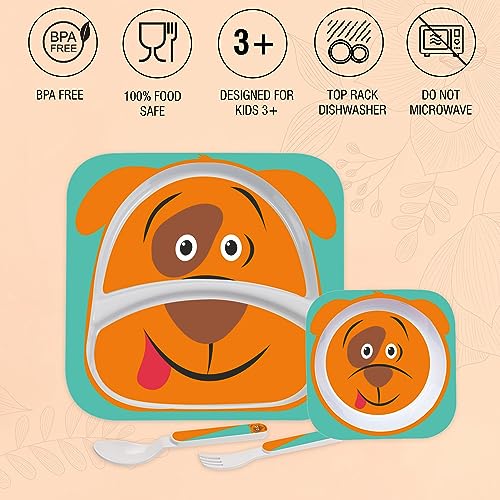 Image of Cello Kids Meal Melamine Dinner Set with Dog Print | Safe and hygenic for Kids to use | Attractive and Long Lasting Designs | Break Resistant | Orange, Set of 4
