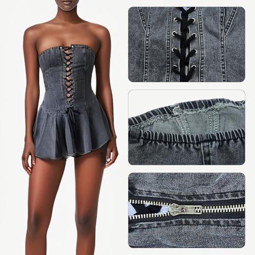 Image of Sexy Tube Denim Dress Corset Strapless Ruffled Hem Jean Mini Dress