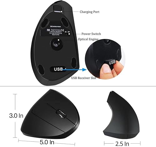 Miniatura 7 de Ratón ergonómico, mouse inalámbrico vertical de alta precisión, mouse vertical óptico recargable de 2.4 GHz, 3 DPI ajustables 80012001600 DPI, para