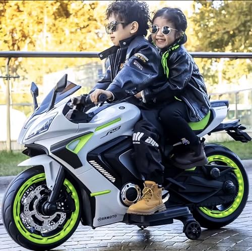 Image of Wishmaster Kids Battery Operated Rechargeable Electric Bike | 2 Seater Motorbike 3, 4, 5, 6, 7, 8, 9, 10, 11, 12 Years Children | Big Ride On Motorcycle (R9 Big Bike (4-12 Years), White)