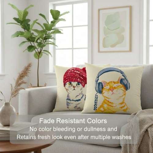 Image of STITCHNEST Set of 2 Jute Cushion Covers - 12x12 Inches - Cute Cat in Beanie & Headphone Cat Prints - Designer Decorative Pillow Covers for Sofa, Living Room & Bedroom | Perfect for Home Decor