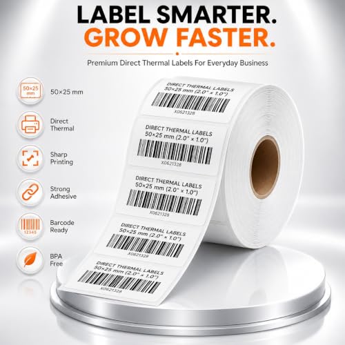 Image of Shreyans Direct Thermal Labels (Pack of 18, 50mm x 25mm - 500 Labels /Roll) - Non Tearable, Water Proof & Non Fade with Permanent Marking - 9000 Labels