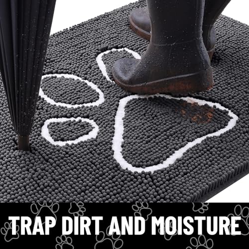 Image of Smiry Dog Door Mat for Muddy Paws, Absorbent Dirt Trapper Non Slip Quick Dry Washable Chenille Mat for Mud Dogs, Entry Rug for Indoor and Outdoor (40x32 Inches, Dark Grey and White)