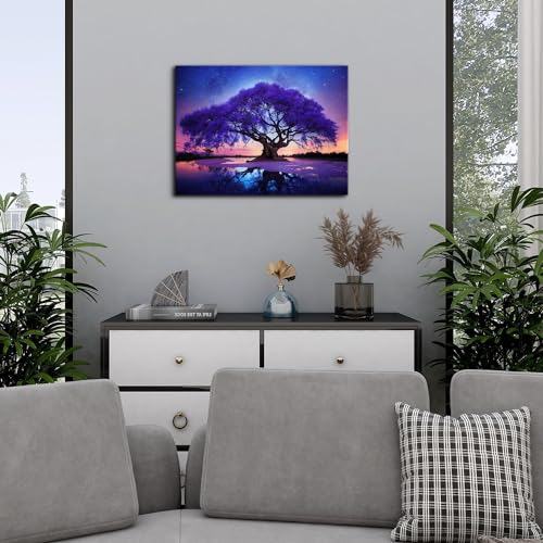 Image of Purple Wall Art for Living Room Tree of Life Wall Decor Abstract Starry Night Forest Landscape Picture Canvas Paintings Space Nebula Scenery Poster Artwork Bedroom Office Home Decorations 12x16 inch
