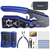 Set di utensili a crimpare RJ45, 11 en 1, kit di crimpatura RJ45 con 50 connettori CAT6 pass-through, 50 coperture di protezione RJ45 Cat6, strumento di crimpatura passa-through (Con Pelacables