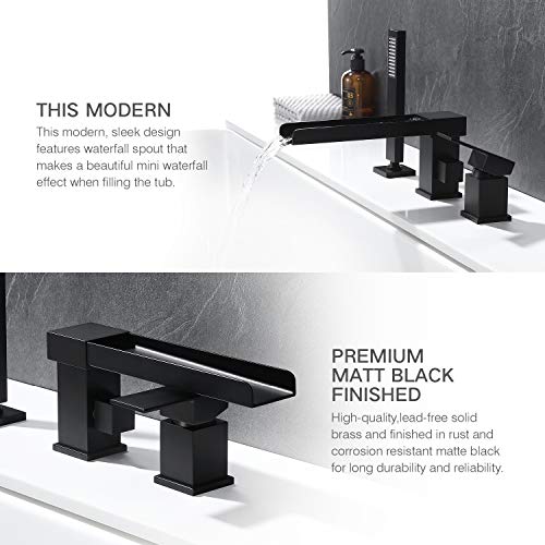 Taplong Waterfall Tub Filler Faucet With Handheld Shower Widespread Roman Tub Faucet Set, Deck Mount 3-Holes Single-Handle Faucet In Matte Black, 03111B #TOP3