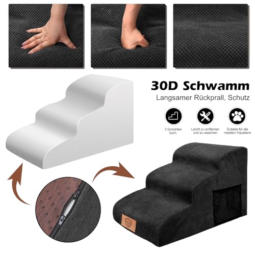 MASTERTOP Hundetreppe für kleine Hunde, Hundetreppe 3 Stufen aus Hochdichter Schwamm, rutschfest Tragbar Hunderampe Katzentreppe mit Tragegriff und Aufbewahrungstasche für Sofa Betten(Schwarz)